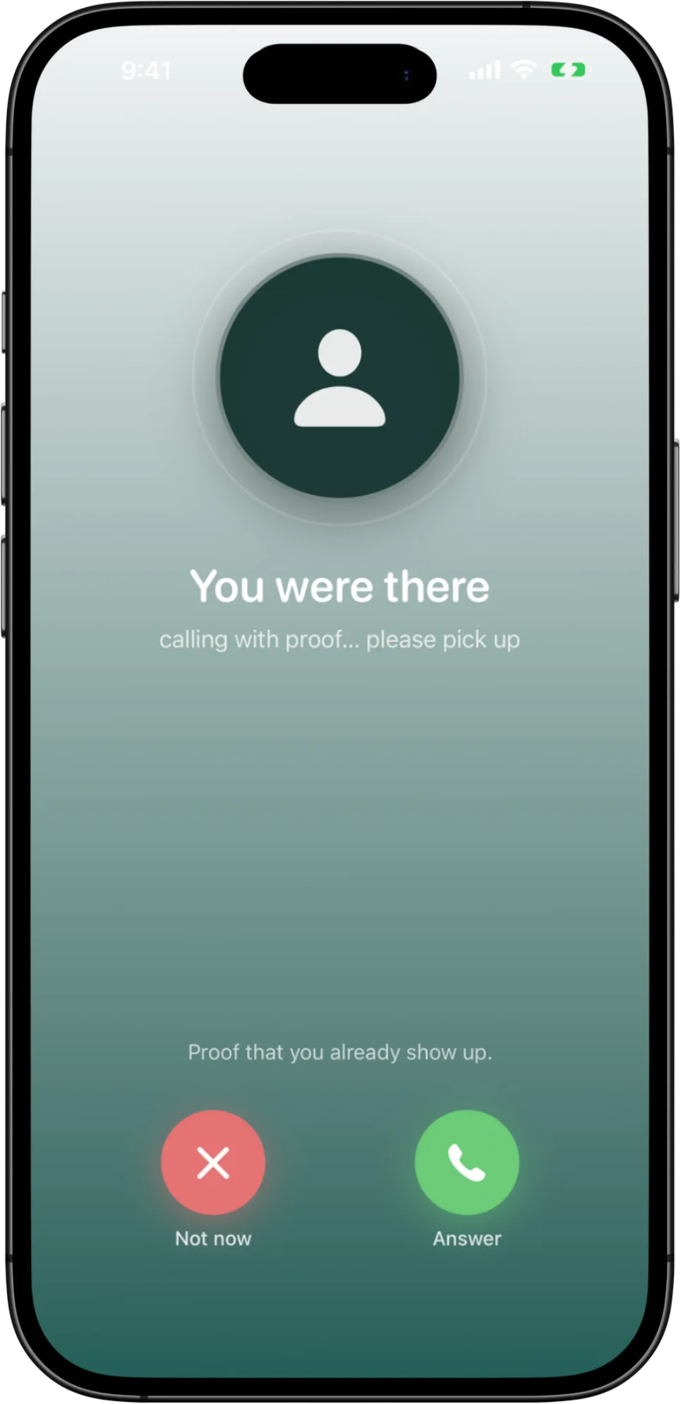 Eyes Up Mom's Future You reminder appearing as an incoming call with Answer and Not now buttons